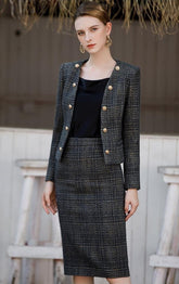 Black Tweed Button-up Jacket and Skirt Set - FashionByTeresa